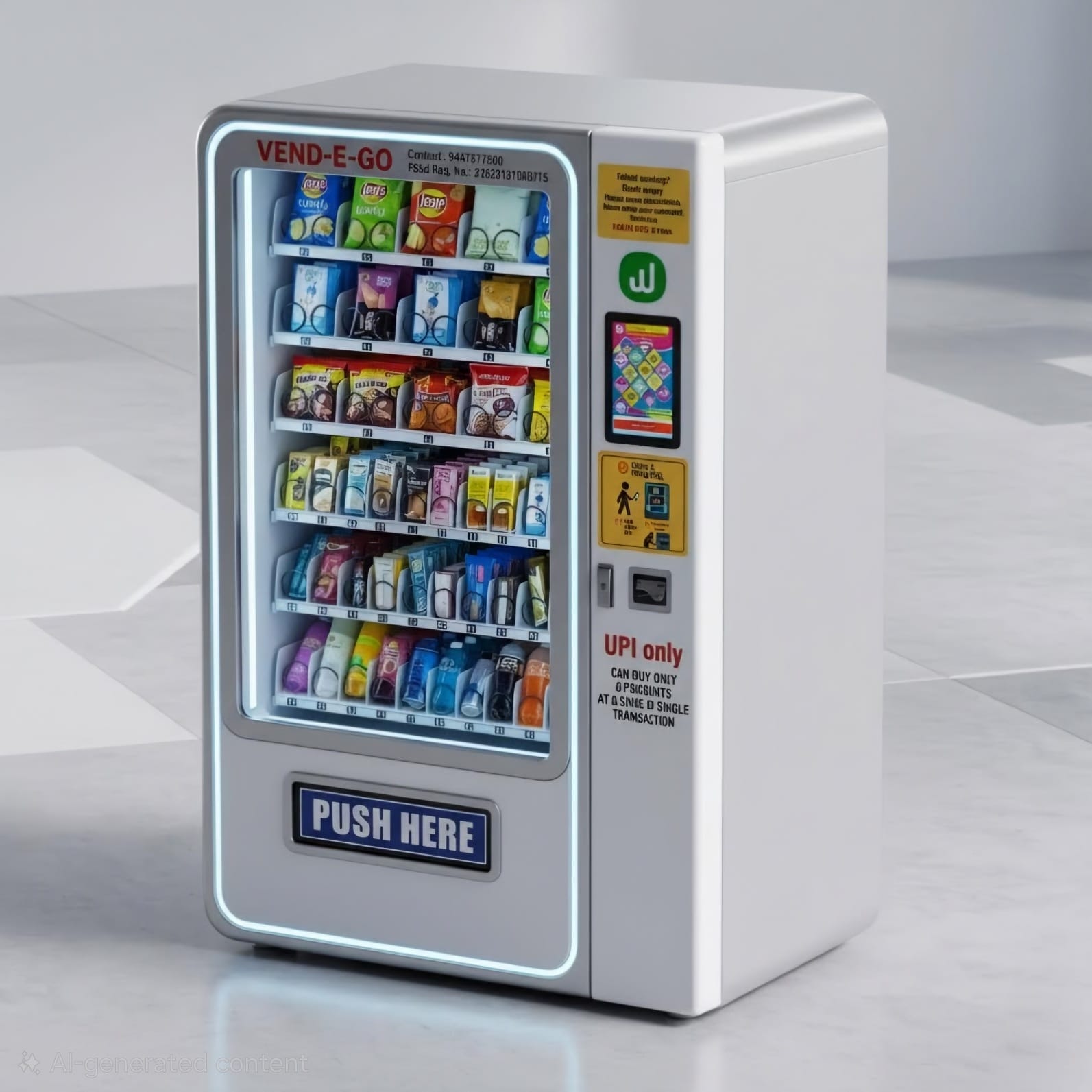Modern Vend-e-Go smart vending machine stocked with snacks and cashless payment options